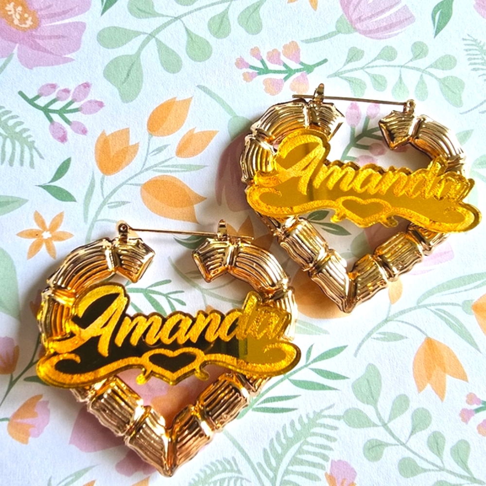 Amanda earrings gold tone bamboo big bold doorknocker name jewelry